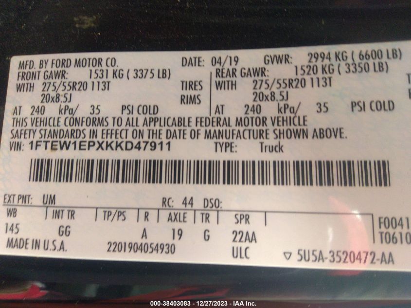 2019 FORD F-150 XL - 1FTEW1EPXKKD47911