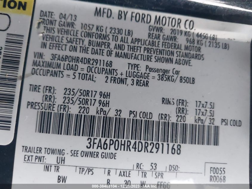 2013 FORD FUSION SE - 3FA6P0HR4DR291168