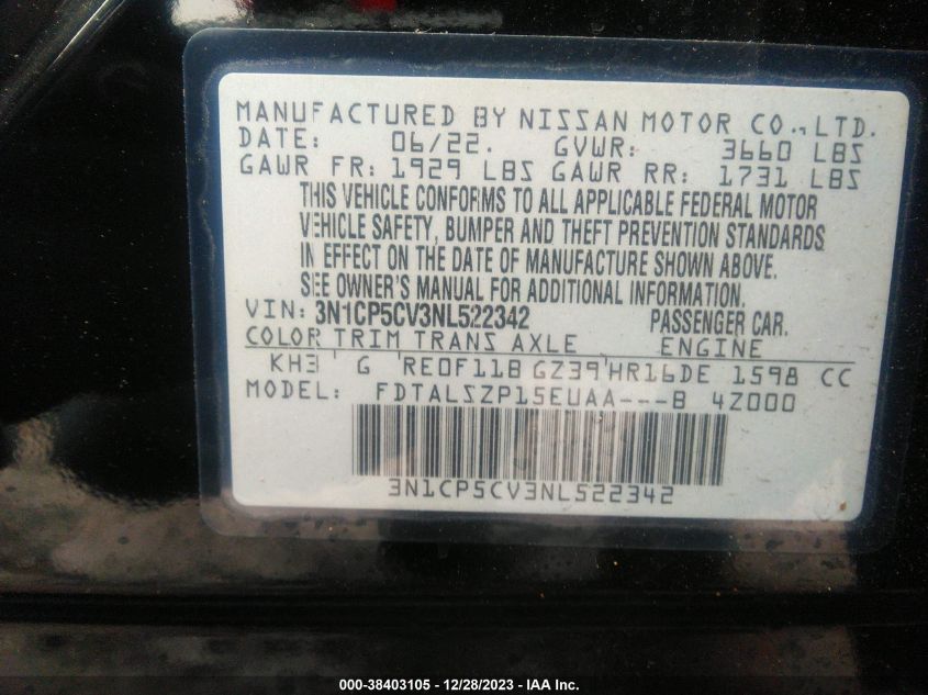 2022 NISSAN KICKS SV - 3N1CP5CV3NL522342