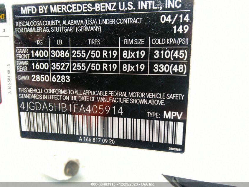 2014 MERCEDES-BENZ ML 350 4MATIC - 4JGDA5HB1EA405914