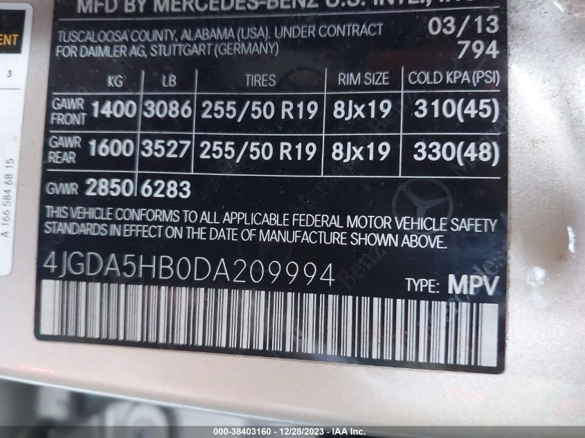 2013 MERCEDES-BENZ ML 350 4MATIC 4JGDA5HB0DA209994
