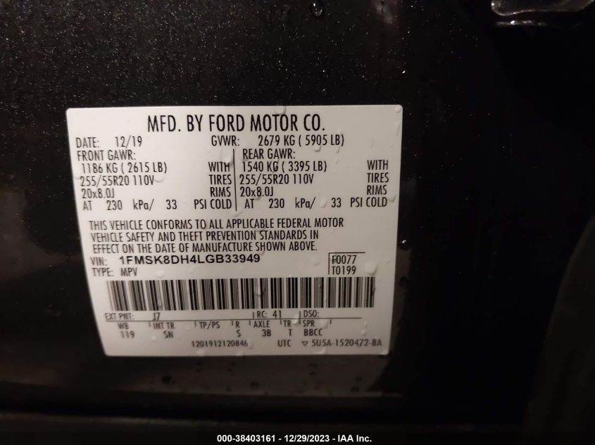 2020 FORD EXPLORER XLT - 1FMSK8DH4LGB33949