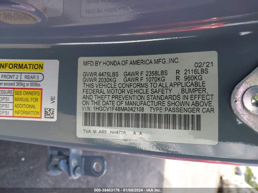 2021 HONDA ACCORD SPORT SE - 1HGCV1F48MA042108