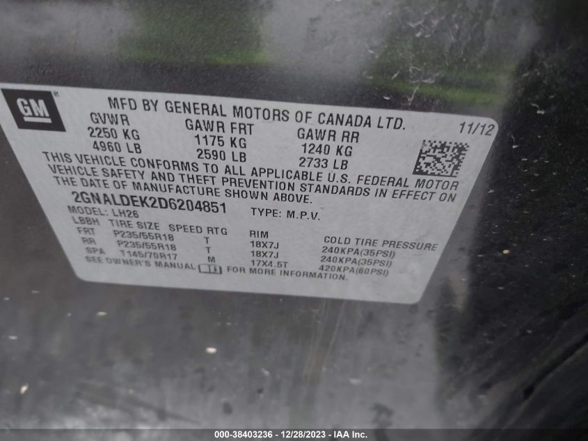 2013 CHEVROLET EQUINOX LT - 2GNALDEK2D6204851