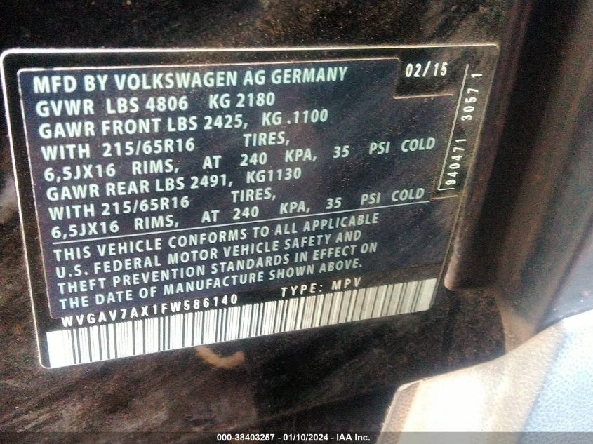 2015 VOLKSWAGEN TIGUAN S/SE/SEL/R-LINE - WVGAV7AX1FW586140