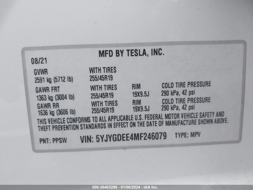 2021 TESLA MODEL Y - 5YJYGDEE4MF246079