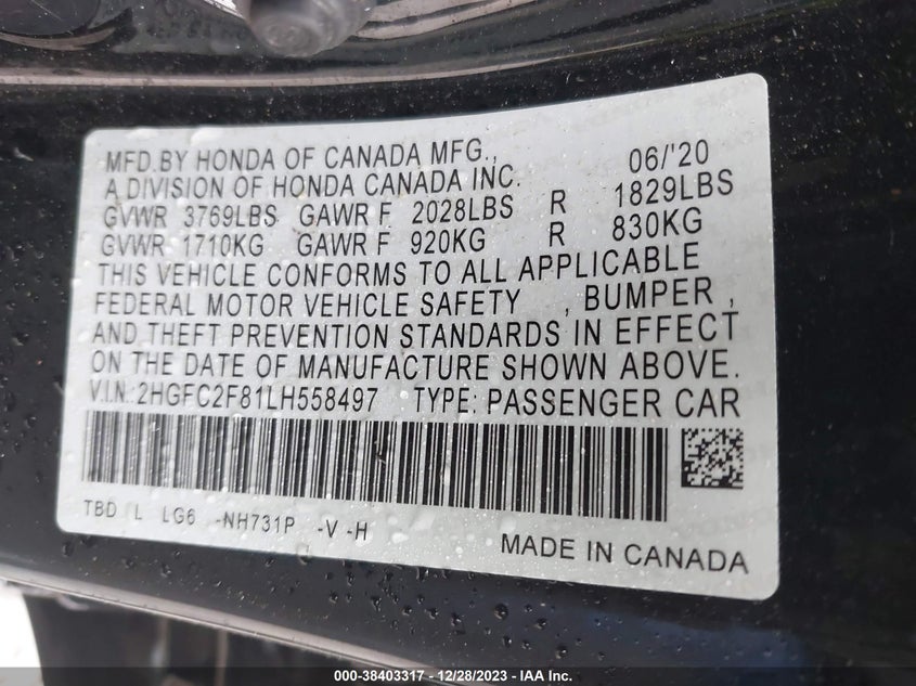 VIN 2HGFC2F81LH558497 2020 HONDA CIVIC SPORT