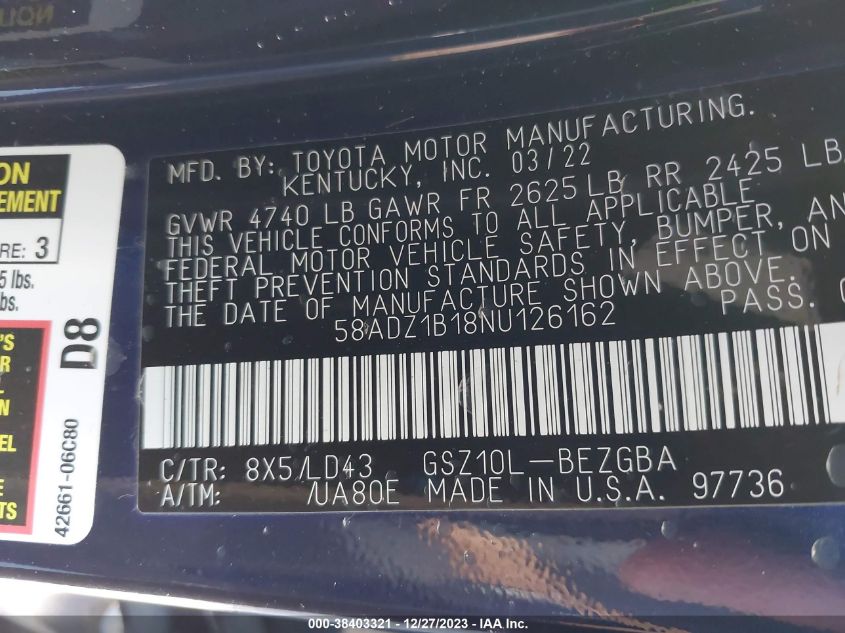 2022 LEXUS ES 350 350 BASE/350 LUXURY/350 U - 58ADZ1B18NU126162