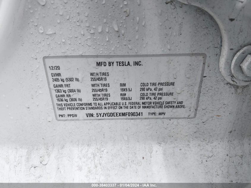 2021 TESLA MODEL Y - 5YJYGDEEXMF090341