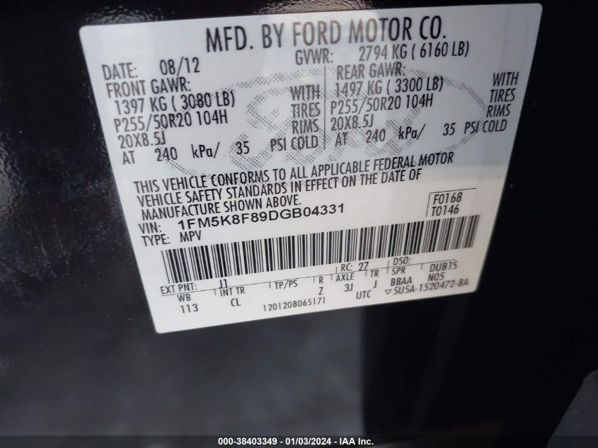 2013 FORD EXPLORER LIMITED - 1FM5K8F89DGB04331