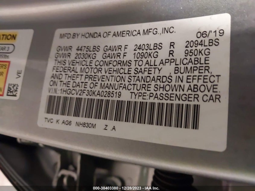 VIN 1HGCV2F30KA028519 2019 HONDA ACCORD SPORT