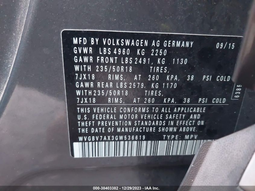 2016 VOLKSWAGEN TIGUAN SE - WVGBV7AX3GW536619