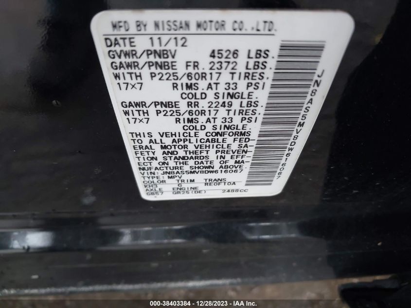 2013 NISSAN ROGUE S/SV - JN8AS5MV8DW616067