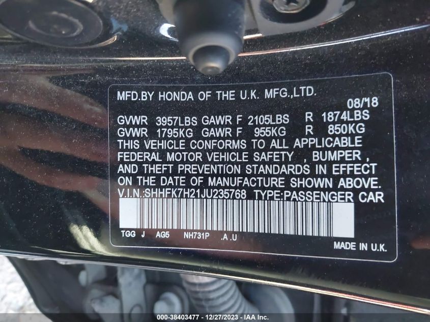 2018 HONDA CIVIC LX - SHHFK7H21JU235768