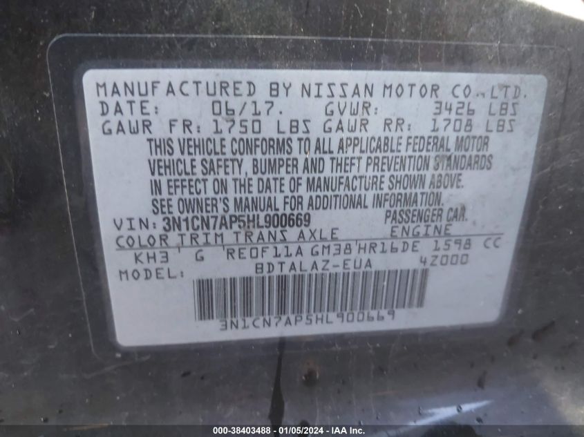 2017 NISSAN VERSA S/S PLUS/SV/SL - 3N1CN7AP5HL900669