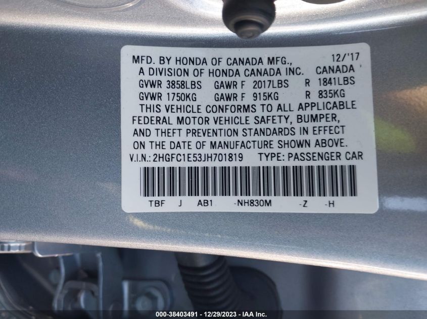 2018 HONDA CIVIC SI - 2HGFC1E53JH701819