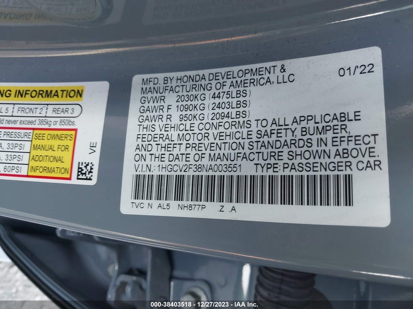 VIN 1HGCV2F38NA003551 2022 HONDA ACCORD SPORT 2.0T