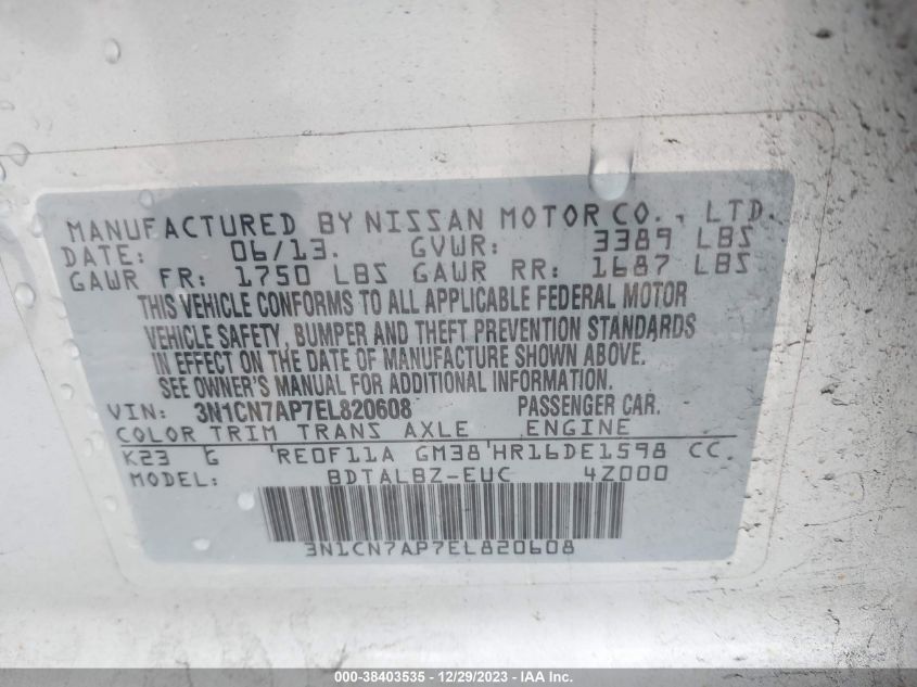 2014 NISSAN VERSA S/S PLUS/SV/SL - 3N1CN7AP7EL820608