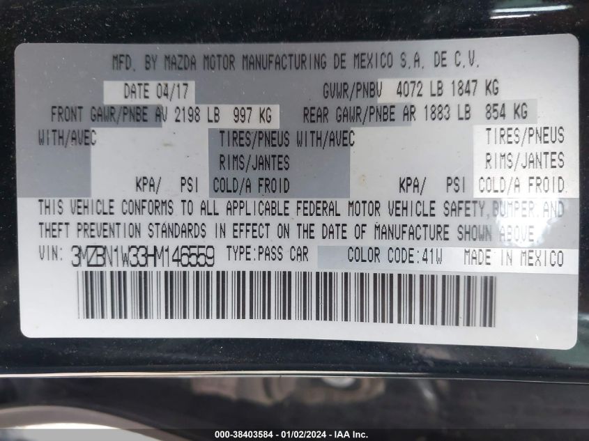 2017 MAZDA MAZDA3 GRAND TOURING - 3MZBN1W33HM146559