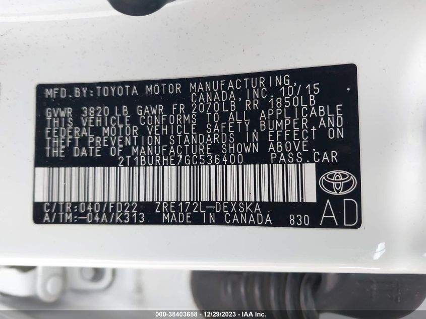 2016 TOYOTA COROLLA L/LE/LE PLS/PRM/S/S PLS - 2T1BURHE7GC536400