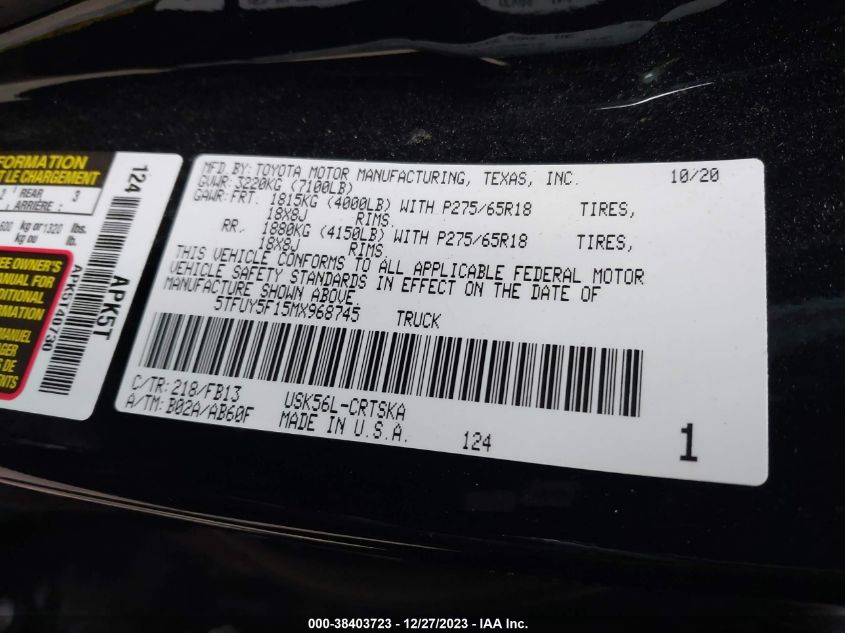 2021 TOYOTA TUNDRA SR5 - 5TFUY5F15MX968745