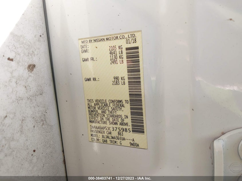 VIN 1N4AA6AP5JC375985 2018 NISSAN MAXIMA 3.5 SV