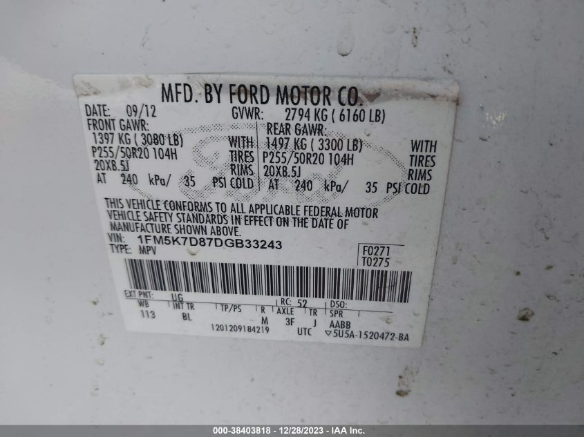 2013 FORD EXPLORER XLT - 1FM5K7D87DGB33243