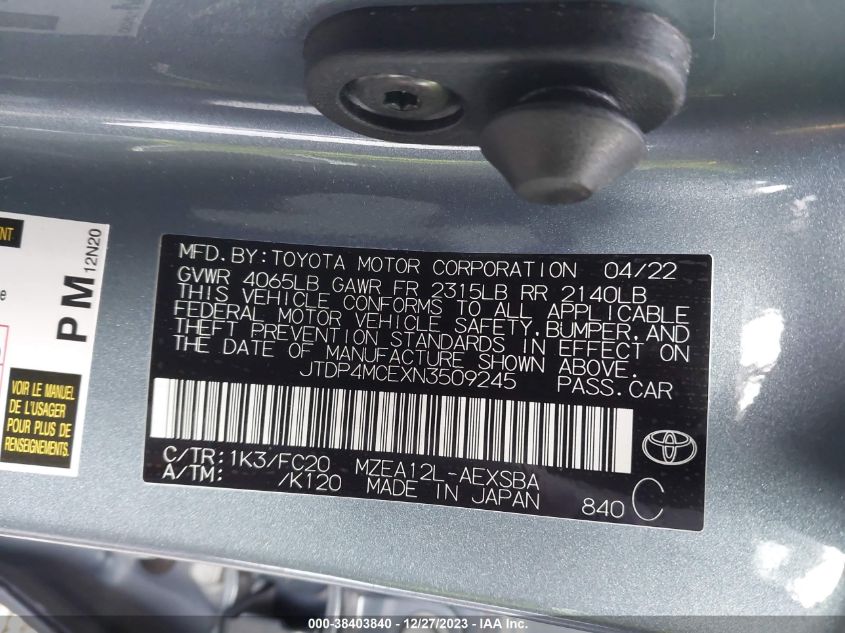 2022 TOYOTA COROLLA SE - JTDP4MCEXN3509245