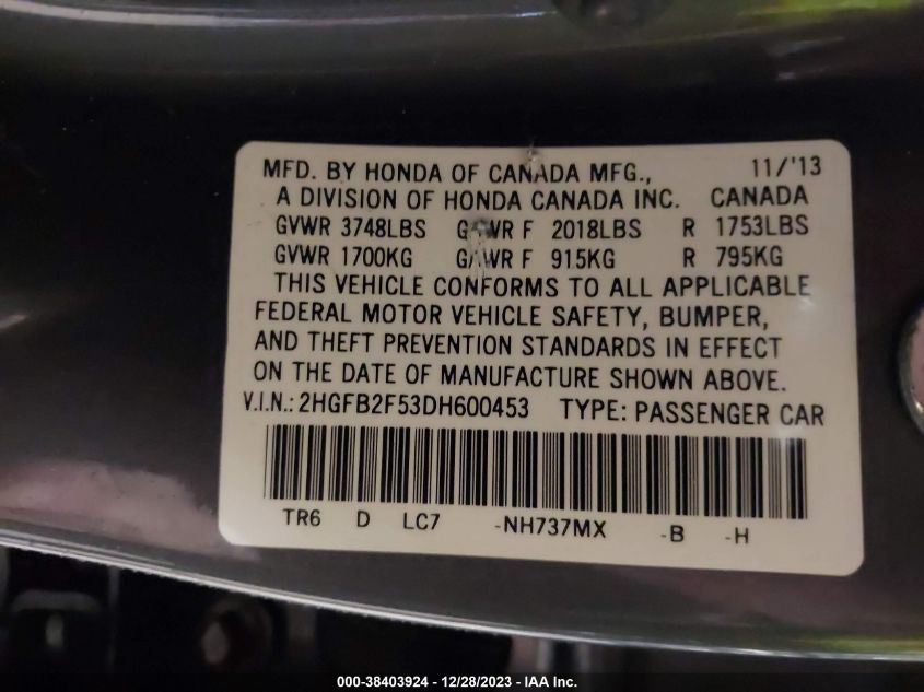 2013 HONDA CIVIC LX - 2HGFB2F53DH600453