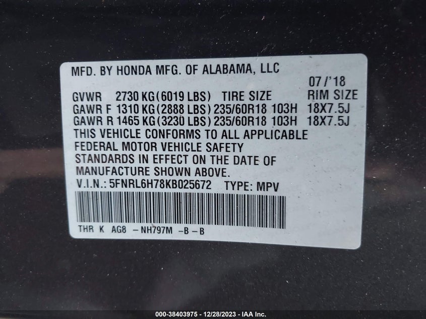 VIN 5FNRL6H78KB025672 2019 HONDA ODYSSEY EXL