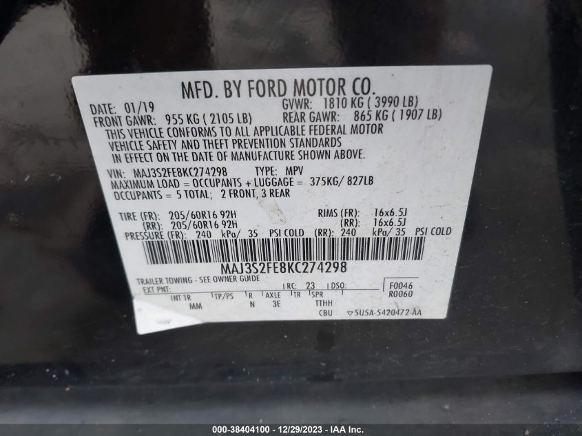 2019 FORD ECOSPORT S - MAJ3S2FE8KC274298