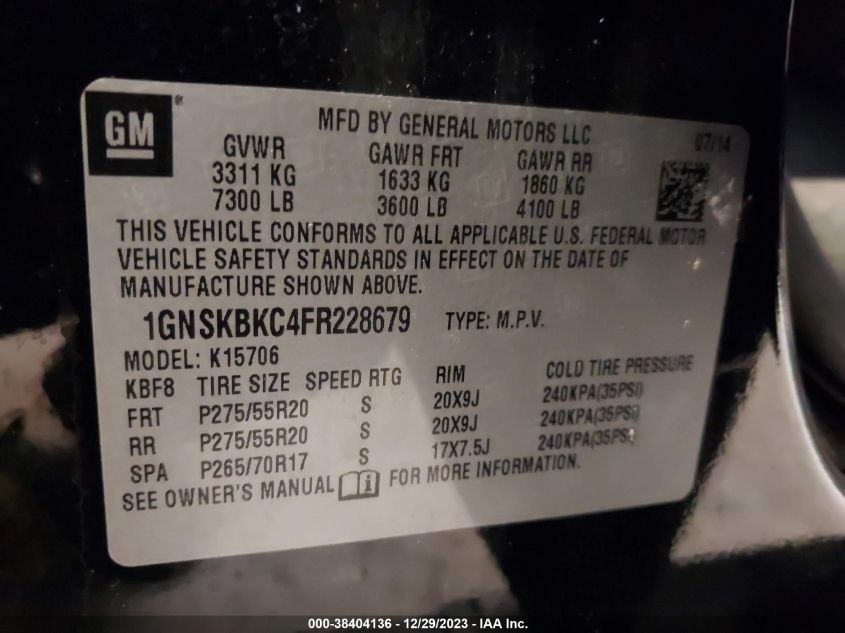 2015 CHEVROLET TAHOE LT - 1GNSKBKC4FR228679