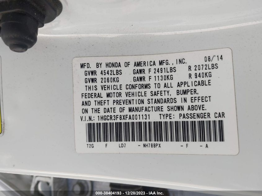 2015 HONDA ACCORD EX-L V-6 - 1HGCR3F8XFA001131