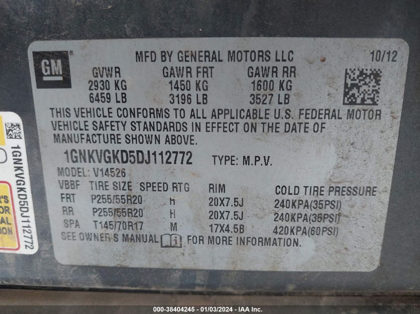 2013 CHEVROLET TRAVERSE 1LT - 1GNKVGKD5DJ112772