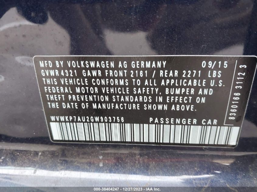 2016 VOLKSWAGEN E-GOLF SE - WVWKP7AU2GW903756