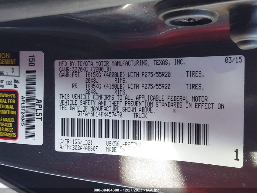 2015 TOYOTA TUNDRA 1794 5.7L V8/PLATINUM 5.7L V8 - 5TFAY5F14FX457470