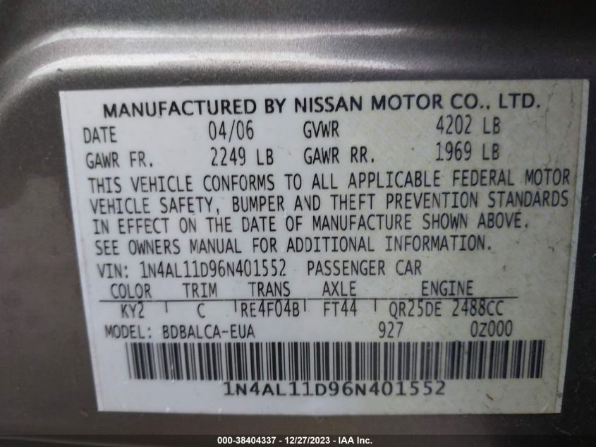 1N4AL11D96N401552 | 2006 NISSAN ALTIMA