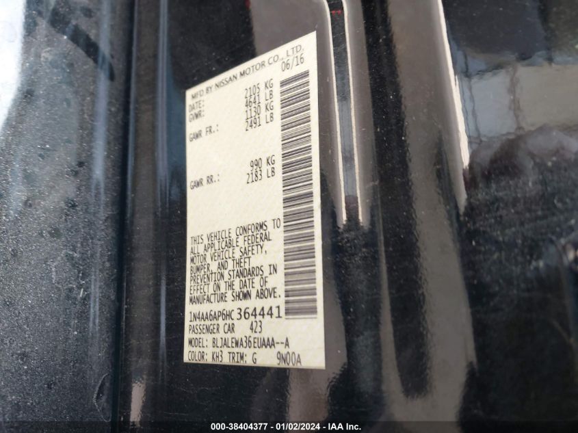 2017 NISSAN MAXIMA 3.5S/SV/SL/SR/PLAT - 1N4AA6AP6HC364441