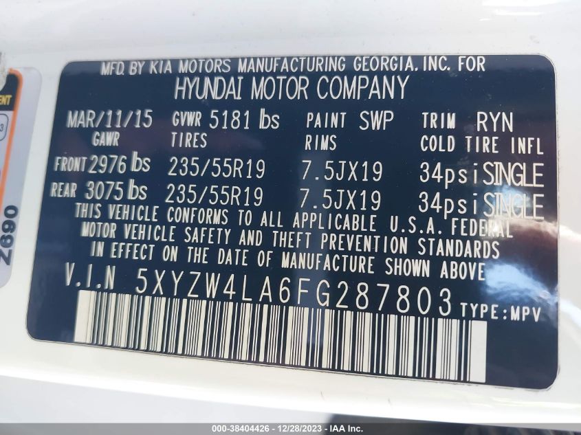 2015 HYUNDAI SANTA FE SPORT 2.0L TURBO - 5XYZW4LA6FG287803