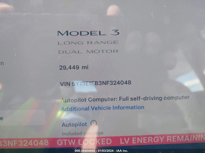2022 TESLA MODEL 3 U   U(VIN: 5YJ3E1EB3NF324048