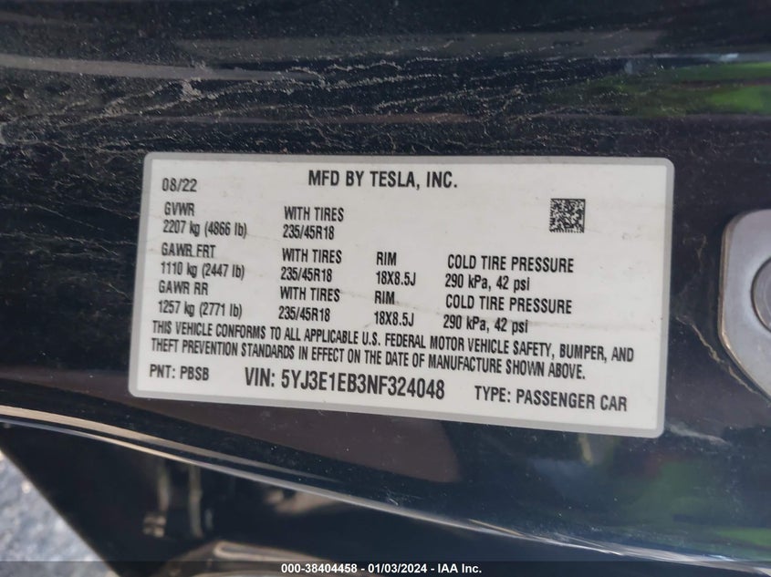 2022 TESLA MODEL 3 U   U(VIN: 5YJ3E1EB3NF324048