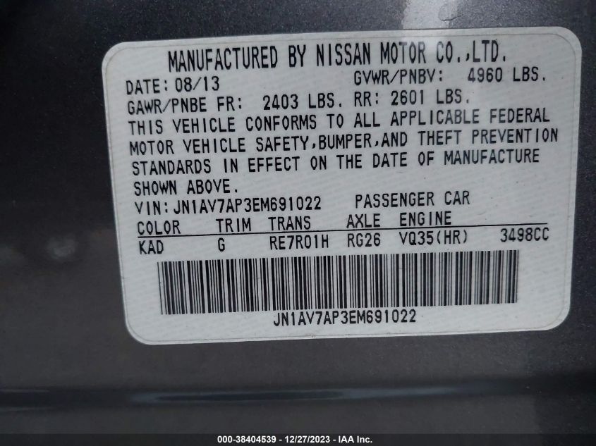 2014 INFINITI Q50 HYBRID SPORT JN1AV7AP3EM691022