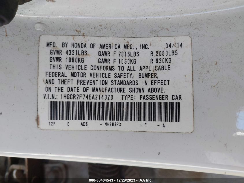 2014 HONDA ACCORD EX - 1HGCR2F74EA214320