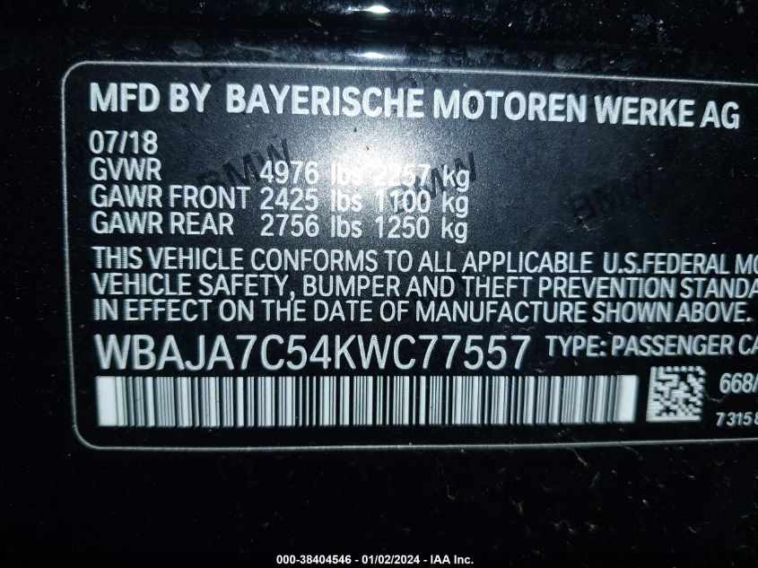 2019 BMW 530I XDRIVE WBAJA7C54KWC77557