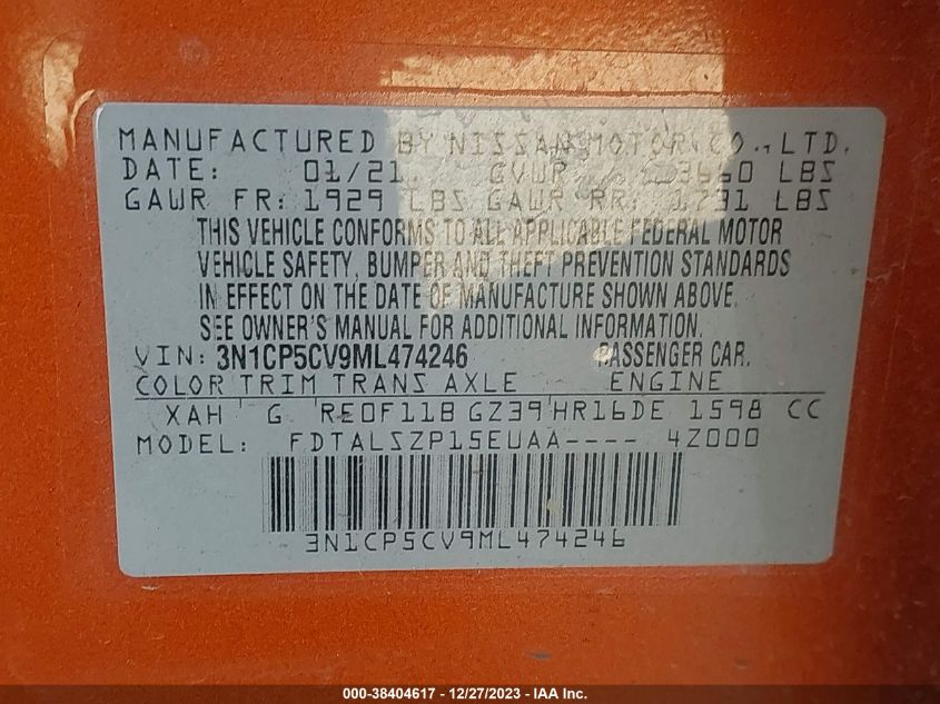 2021 NISSAN KICKS SV XTRONIC CVT - 3N1CP5CV9ML474246