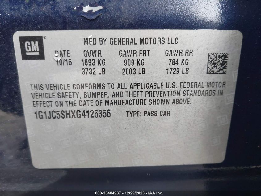 2016 CHEVROLET SONIC LT AUTO - 1G1JC5SHXG4126356