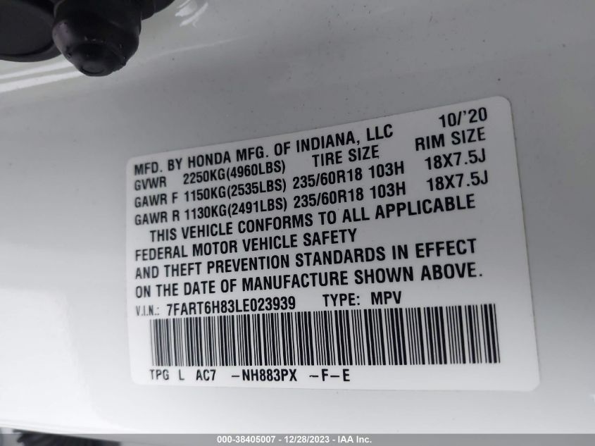 2020 HONDA CR-V EXL - 7FART6H83LE023939