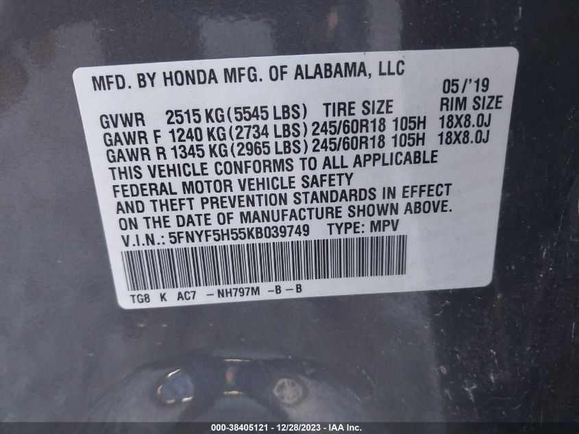 2019 HONDA PILOT EX-L - 5FNYF5H55KB039749