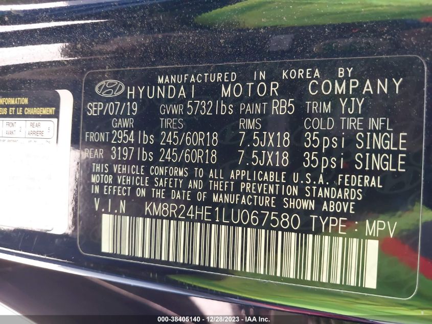 2020 HYUNDAI PALISADE SEL KM8R24HE1LU067580