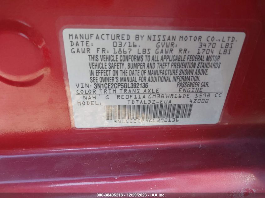 2016 NISSAN VERSA NOTE S/S PLUS/SV/SL/SR - 3N1CE2CP5GL392136